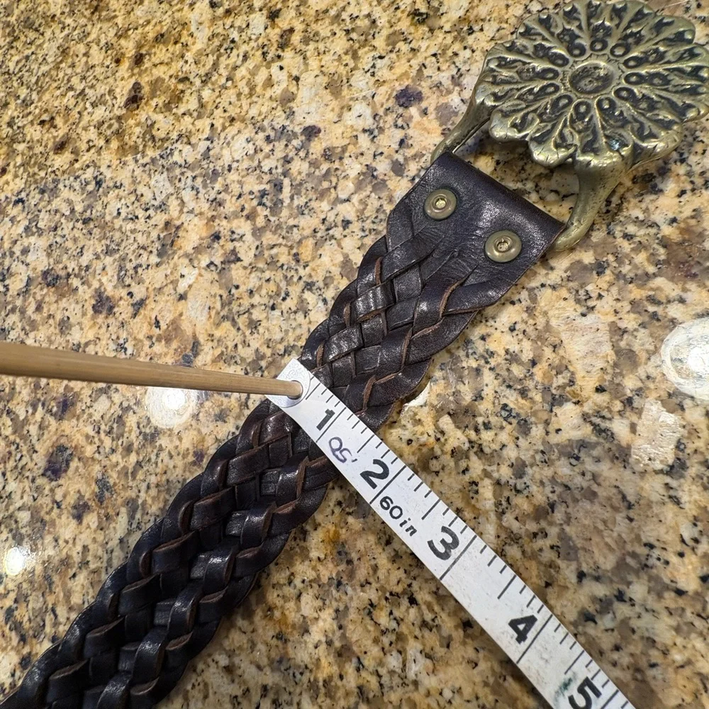 Vintage Brown Braided Leather Belt Ornate Solid Brass Flower Buckle 36 Large